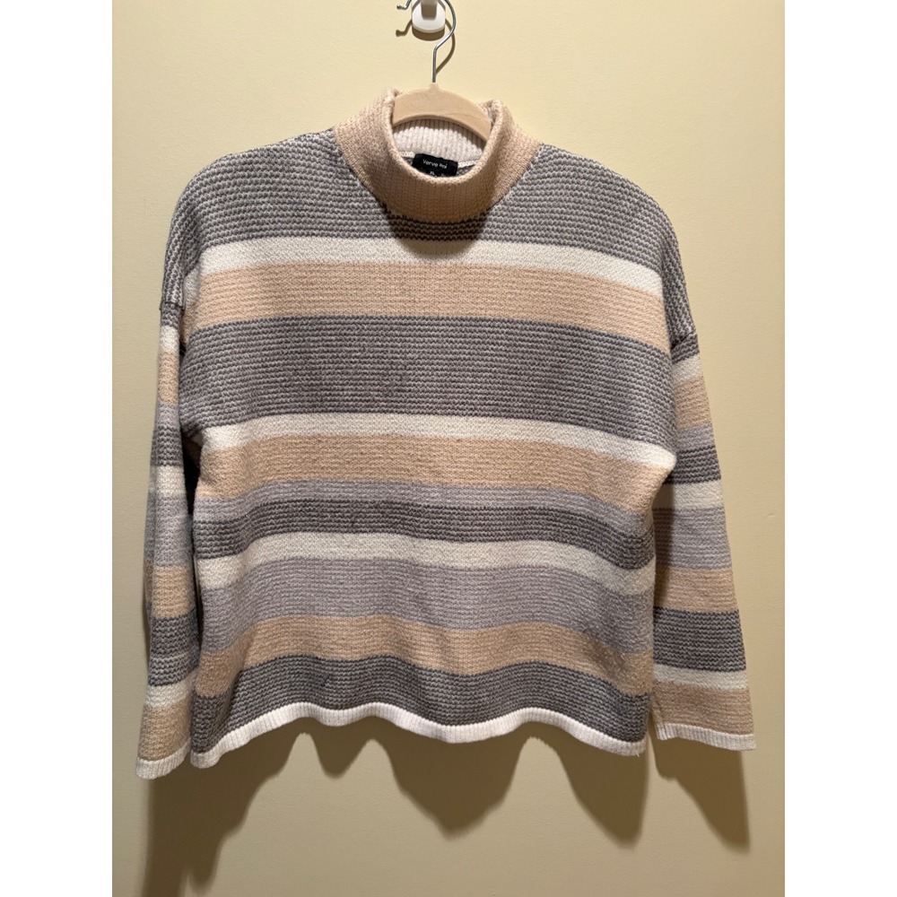 Verve Ami Womens XL Striped Mock Neck Sweater Grey Tan Cream Knit